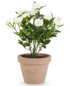 Kunstplant Rozen 45 cm wit, een kunstmatige witte rozenplant in een terracotta pot.