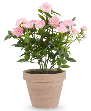 Kunstplant Rozen 45 cm: lichtroze kunstrozenplant in een terracotta pot.