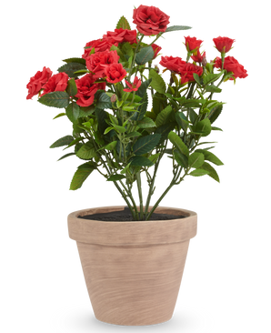 Kunstplant Rozen 45 cm rood, een kunstmatige rode rozenplant in een terracotta pot.