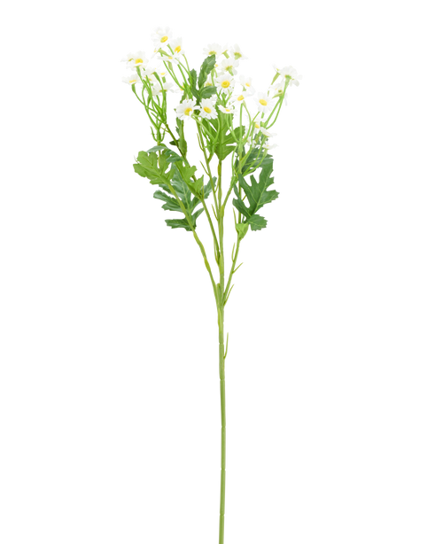 Kunstbloem Daisy Mini 61 cm: witte kunstbloem in de vorm van een madeliefje, met witte bloemblaadjes, een geel hart en groene blaadjes.