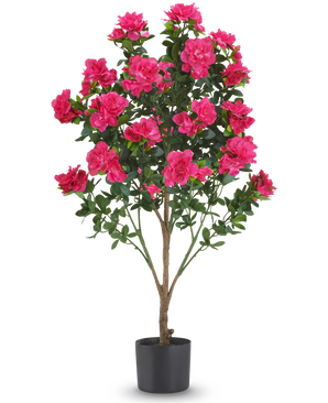 Kunstplant Azalea 105 cm rood, een kunstplant met levendige rood-roze bloesems in een eenvoudige zwarte pot.