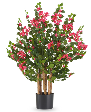 Kunstplant Bougainvillea van 90 cm met roze bloemen en groene bladeren in een zwarte pot.