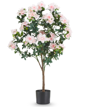 Kunstplant Azalea 105 cm lichtroze met lichtroze bloemen en groene bladeren in een zwarte pot.