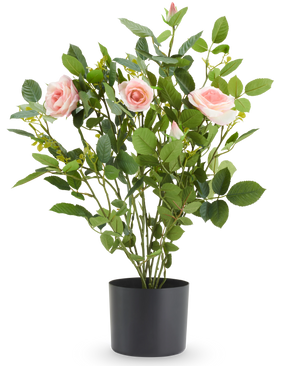 Kunstplant Rozen 60 cm, roze met roze bloesems en groene bladeren in een zwarte pot.