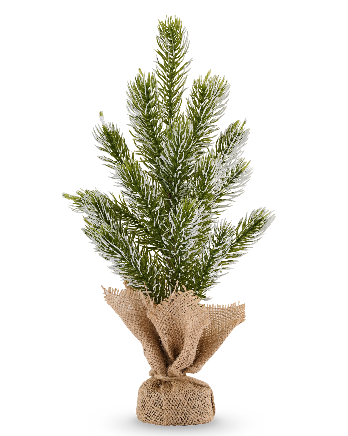 Mini-kunstkerstboom Solstad van 30 cm met besneeuwde takuiteinden, staand in een met jute omwikkelde voet.