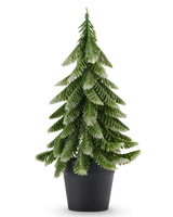 Kunstkerstboom mini Nordisk 28 cm, een compacte kunstkerstboom met groen naaldgebladerte bedekt met een laagje sneeuw, in een zwarte pot.