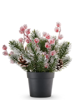 Kunstkerstplant met dennenappels in pot Frost 14 cm, versierd met rood glinsterende bessen, perfect als feestelijk cadeau.
