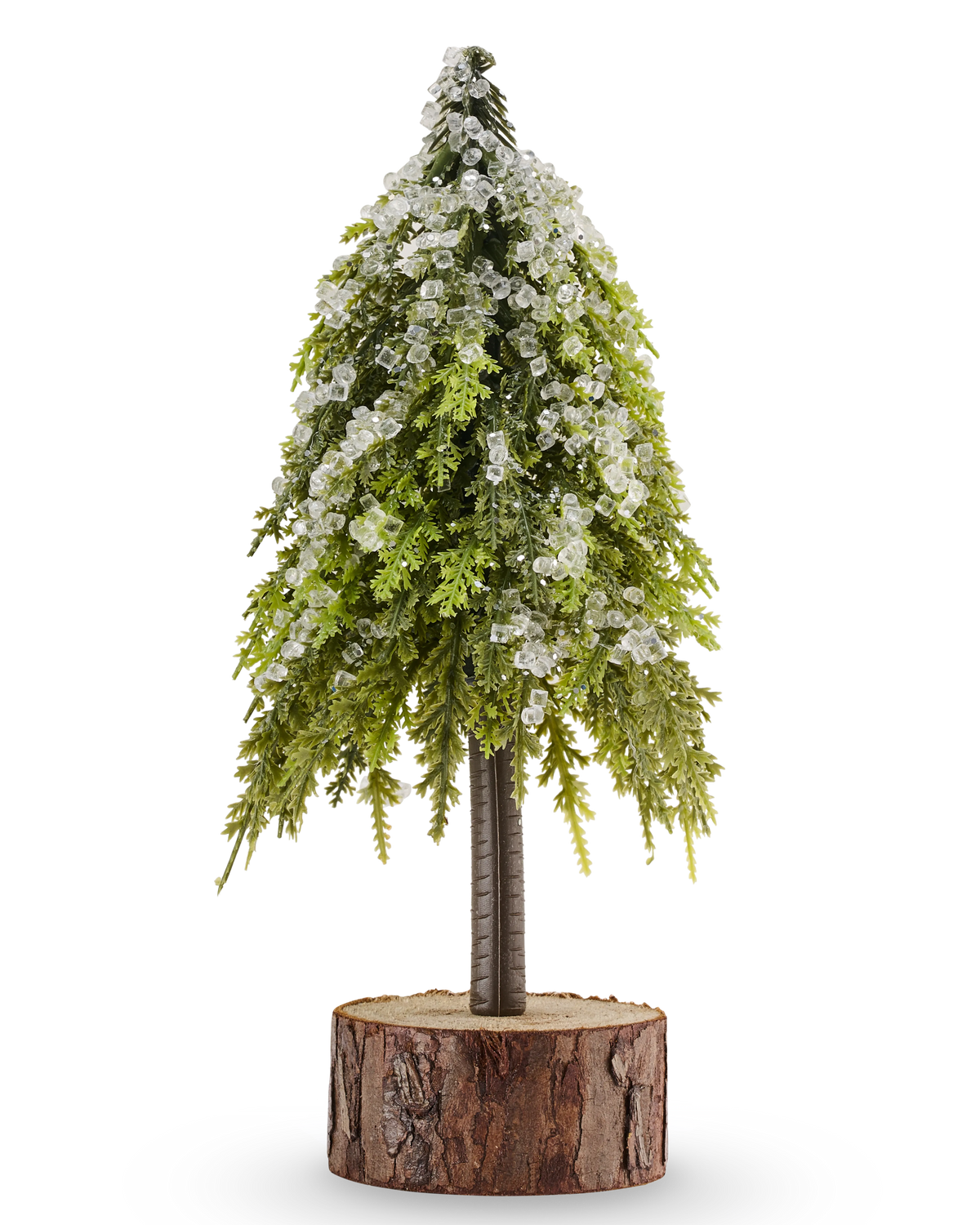 Mini-kunstkerstboom Nordi van 23 cm met ijzige accenten op een voetstuk van een natuurlijke houten schijf, perfect als feestelijke kerstdecoratie.