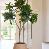 Een kunstplant, een Ficus Carica-vijgenboom van 210 cm in een ronde beige pot, staat in een lichte, moderne kamer met lichte muren en grote ramen die veel natuurlijk licht binnenlaten.