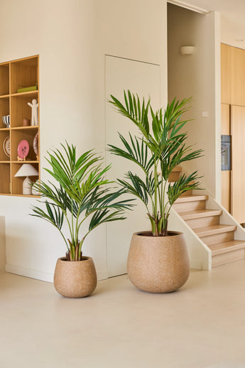 Twee Kunstplant Kentia-palmen van 120 cm, kunstplanten in grote, ronde, beige potten, staan op een lichte vloer bij de trap in een moderne, minimalistische woonruimte met houten planken en een neutrale inrichting.