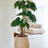 De kunstplant Alocasia van 150 cm, met brede groene bladeren, staat in een beige pot met structuur op een lichte vloer. Op de achtergrond laten een crèmekleurige bank en doorschijnende witte gordijnen het zonlicht binnenstromen.