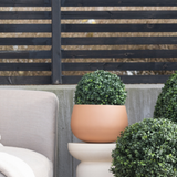 Drie Kunstplant Buxus Romeinse Stijl UV D30cm ronde topiaries staan op een patio bij een beige buitenstoel, tegen een modern zwart latten hek en kale bomen.