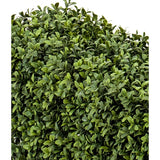 Een dichte tros groene bladeren van de Kunst Buxushaag UV 70x20x25 cm vormt een weelderige, bladerrijke haag tegen een effen witte achtergrond.
