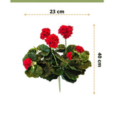 Kunst Geranium 40 cm rood met groene bladeren, 40 cm hoog en 23 cm breed, afgebeeld op een witte achtergrond met maatmarkeringen en het EASYPLANTS KUNSTPLANTEN logo onderaan.