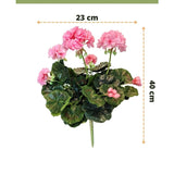 Kunst Geranium 40 cm roze met groene bladeren, 23 cm breed. Afgebeeld tegen een witte achtergrond met maatlabels en het Easyplants Kunstplanten logo onderaan.