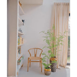 In een lichte kamer staan een houten stoel, een boekenkast en drie groene potplanten – waaronder de opvallende Kunst varen plant 120 cm – opgesteld bij een raam dat tot aan de vloer reikt en voorzien is van beige gordijnen. De ruimte straalt rust en minimalisme uit, perfect om prachtige kamerplanten of een elegante kunstplant zoals de Kunst-varen van 120 cm in te zetten.