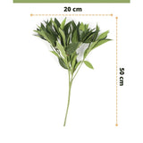 Kunstblad Laurier 50 cm groen kunstbloemen decor, 50 cm hoog en 20 cm breed, afgebeeld op witte achtergrond met afmetingen. Perfect voor elk interieur. Easyplants logo onderaan.