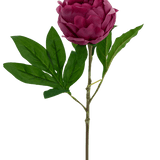 De Kunstbloem Lotus pioenroos Real Touch in rood is een 58 cm grote kunstbloem met gelaagde bloemblaadjes en groene blaadjes op een lange steel, geïsoleerd op een witte achtergrond.