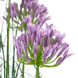 De Kunstgras paarse Agapanthus uiengraspot 90cm brandvertragend heeft een tros paarse kunst Agapanthus bloemen met slanke groene stelen en dunne bladeren tegen een witte achtergrond.