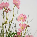 De Kunstgras roze Gesang Bloem uiengraspot 56cm brandvertragend heeft delicate roze bloemen met slanke groene stelen en smalle bladeren, gerangschikt tegen een lichte achtergrond voor een zacht, luchtig effect.
