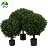 Drie Kunst Buxus op stam UV d60 cm vormbomen met rond, dicht groen gebladerte in zwarte potten. In de linkerbovenhoek staat een groen UV-beschermingssymbool tegen een witte achtergrond.