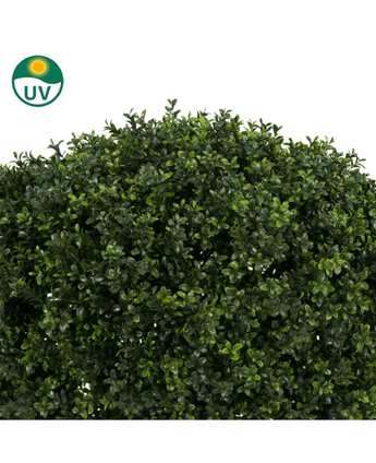 Een close-up van de Kunstplant Buxus op stam romeinse stijl 95cm toont dicht kunstgroen buxusblad met kleine blaadjes. In de linkerbovenhoek staat een UV-beschermend zonnesymbool.