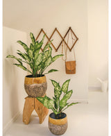 Een Kunstplant Dieffenbachia 75 cm met bonte bladeren staat in een sierpot, verhoogd op een houten krukje. Daarachter hangt een bruine leren tas aan een houten accordeon wandrek in deze minimale, lichte kamer.