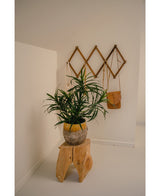 De Kunstplant Dracaena Reflexa in pot 63 cm staat op een rustiek houten krukje in een minimalistische kamer. Daarachter hangt een geometrisch wandrek met een tan leren tas en een witte macrame tas, die het tropische interieur stijlvol accentueren.