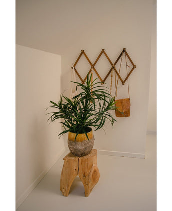 De Kunstplant Dracaena Reflexa in pot 63 cm staat op een rustiek houten krukje in een minimalistische kamer. Daarachter hangt een geometrisch wandrek met een tan leren tas en een witte macrame tas, die het tropische interieur stijlvol accentueren.