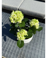 De Kunstplant Hortensia Groen UV 35 cm, met lichtgroene bloesems en donkergroene bladeren, staat op een geweven grijze buitentafel met een kussens bank op de achtergrond.