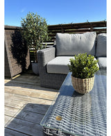 Een gezellig buitenterras met een grijze rieten bank, een rieten tafel met glazen blad en twee Kunstplant Buxus groen in pot 19 cm UV onder een strakblauwe hemel. Zonlicht werpt schaduwen op het houten terras.