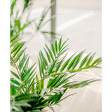 Een close-up van levendig groene Kunstpalm Parlour UV 60 cm bladeren in een zonovergoten binnenruimte met een lichte houten vloer en onscherpe achtergrond, die de schoonheid van deze realistische kunstplant benadrukt.