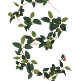 De afbeelding toont de Kunst Tradescantia Slinger Groen 180 cm in de vorm van een S, met groene bladeren en dunne, roodachtige stelen tegen een witte achtergrond.