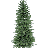 De Kunstkerstboom Slim "Undset" PE/PVC is een hoge, symmetrische kunstboom met dichte, realistische groene takken. Hij staat onversierd op een zwarte metalen standaard tegen een effen witte achtergrond.