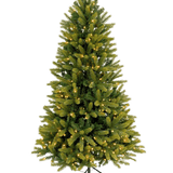 De Kunstkerstboom "Weideman" PE/PVC - Smart LED, met groene takken en warmwitte lampjes, staat op een zwarte metalen voet tegen een effen witte achtergrond.
