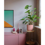 Een moderne woonkamerhoek met een roze dressoir, kaarsen, geometrische muurkunst, een ingelijste foto en de Kunstplant Appelblad 90 cm-een grote bladplant in een roze pot op een kleine houten standaard bij het raam.