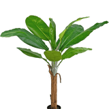 De Kunstplant Bananenboom 150 cm heeft brede, levendige groene bladeren en een hoge bruine stam, gepresenteerd in een pot tegen een effen witte achtergrond.