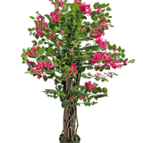 De Kunstplant Bougainvillea 120 cm heeft gedraaide bruine stelen, weelderige groene bladeren en levendige roze bloemen, perfect om kleur toe te voegen aan elke ruimte.