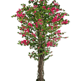 De Kunstplant Bougainvillea 180 cm is een hoge kunstplant met gedraaide bruine stengels, levendige groene bladeren en trossen felroze bloemen in pot.