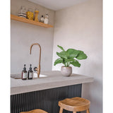 Een moderne keuken met een betonnen aanrechtblad, gouden kraan, Kunstplant Calathea 46 cm, zeepdispensers, twee houten krukjes en een plank met potten met voedsel en ingrediënten tegen een lichtgekleurde muur.