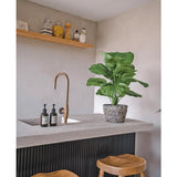 Een moderne keukenhoek met een betonnen aanrechtblad, gouden kraan, Kunstplant Calathea UV 72 cm, twee houten krukjes, zeepdispensers en een houten plank met potten en bakken tegen een lichtgekleurde muur.