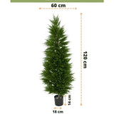 Kunstplant Conifeer toren UV 120 cm: 120 cm hoog, 60 cm breed in een zwarte pot (18x14 cm) met UV bescherming. Perfect als kunstplant voor het balkon. Groene tekst bovenaan en Easyplants logo onderaan.