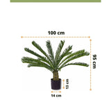 Kunstplant Cycus Palm Deluxe 95 cm in zwarte pot (potmaat: 14x13 cm), onderdeel van de kunstpalm en palmbomen collectie. Afmetingen plant: 95 cm hoog, 100 cm breed. Easyplants logo en producttitel zichtbaar boven- en onderaan.