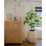 Een lichthouten kast met flessen en decor staat bij een Kunstplant Ficus 150 cm in een crèmekleurige plantenbak bij een raam met jaloezieën, in een lichte moderne kamer met houten vloer.
