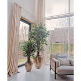 De Kunstplant Ficus Tropisch Liana 150 cm staat bij ramen van vloer tot plafond met beige gordijnen in een lichte moderne woonkamer, ideaal voor stijlvolle kantoor decoratie. Een lichte fauteuil staat vlakbij, met bomen en heggen zichtbaar buiten.