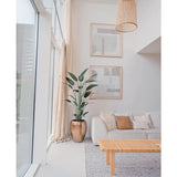 Een lichte, moderne woonkamer met grote ramen, een witte bank, neutrale kussens, een geweven salontafel, twee abstracte muurkunstwerken, een Kunstplant Heliconia 180 cm in een pot met structuur en geweven hanglampen die aan het plafond hangen.