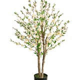 De Kunstplant Kersenbloesem 120 cm crème is een kunstmatige kersenbloesemboom in pot met meerdere bruine stammen, groene bladeren en trosjes kleine witte bloemen tegen een effen witte achtergrond.