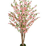 De Kunstplant Kersenbloesem 150 cm roze is een kunstmatige kersenbloesemboom met meerdere bruine stammen, roze bloemen en groene bladeren, afgebeeld tegen een effen witte achtergrond.