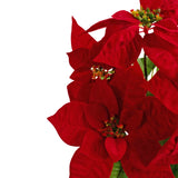 De Kunstplant Kerstster 44 cm rood heeft helderrode kerststerbloemen met groene harten en bladeren, aan de rechterkant tegen een effen witte achtergrond.