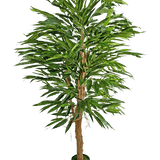 De Kunstplant Longfolia 150 cm is een hoge kunstbamboe met meerdere bruine stengels en lange, smalle groene bladeren, weergegeven in een kleine zwarte pot tegen een effen witte achtergrond.